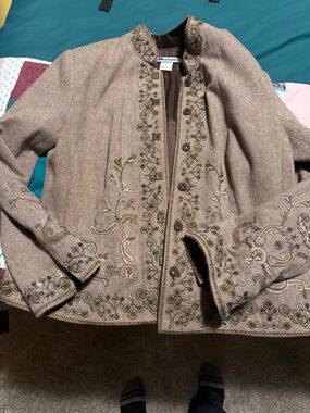 New Directions Embroidered Taupe Jacket - Tailored Beaded Blazer
